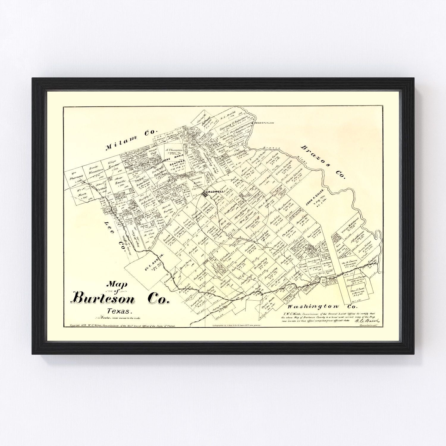 Vintage map of Burleson County, Texas, 1879, Caldwell restored print