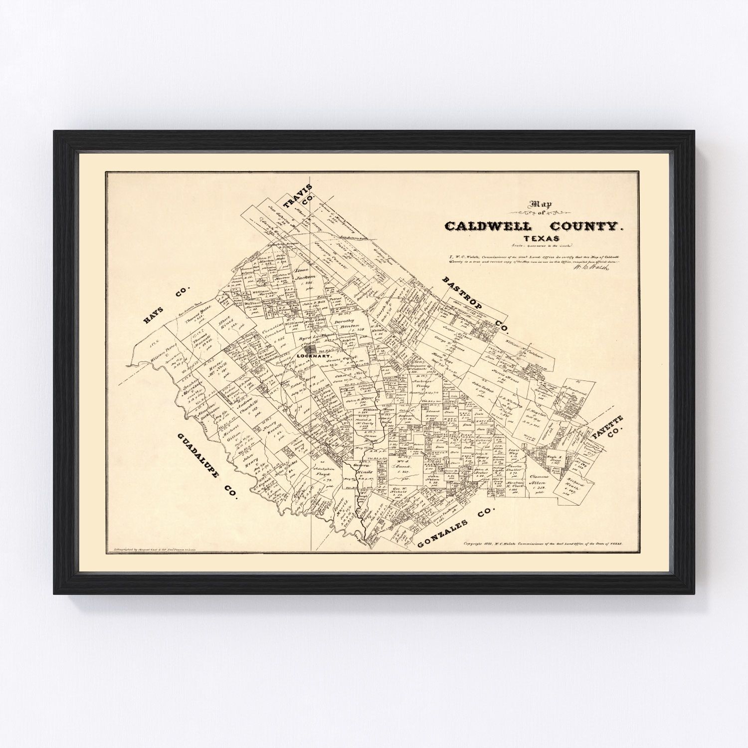 Vintage map of Caldwell County, Texas, 1880, restored print