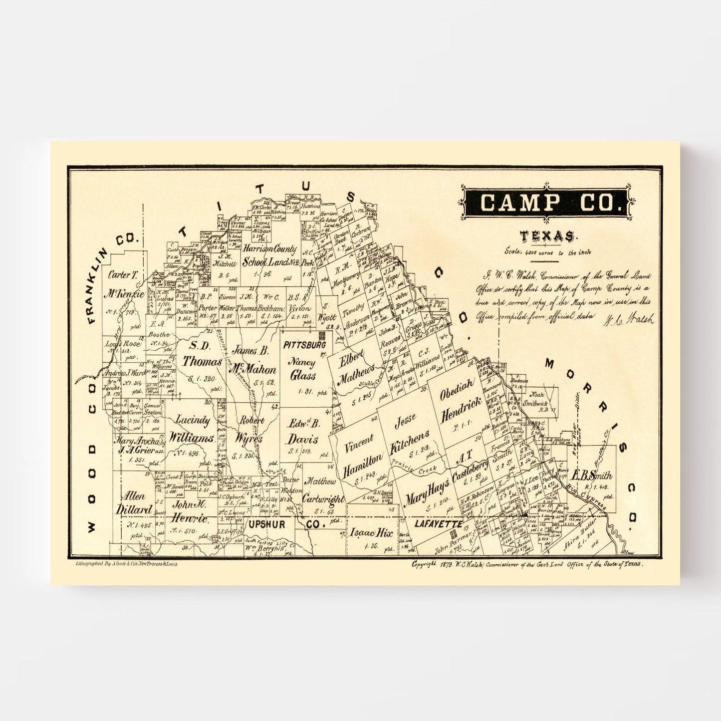 Vintage Map of Camp County, Texas, 1879 | Wall Art
