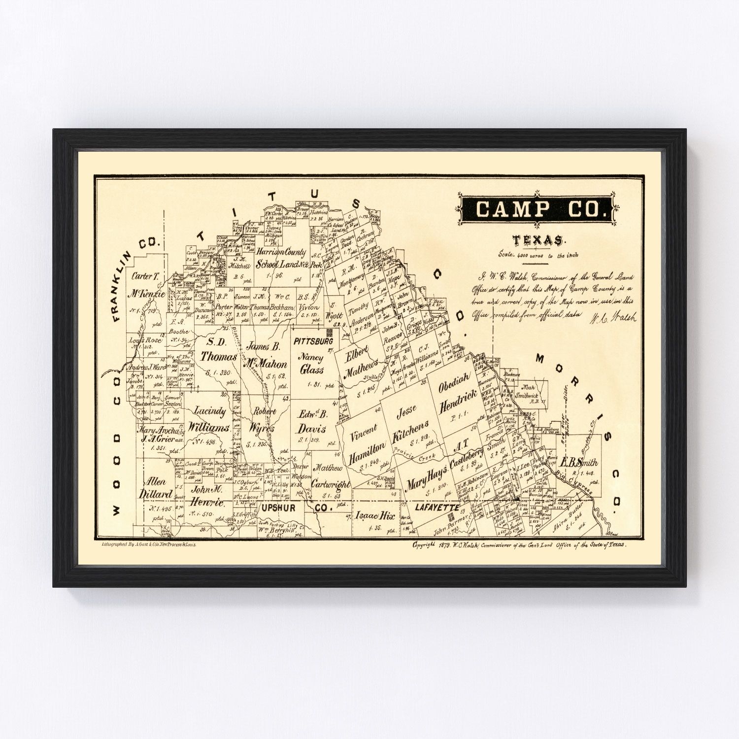 Vintage map of Camp County, Texas, 1879, digitally restored antique cartographic print