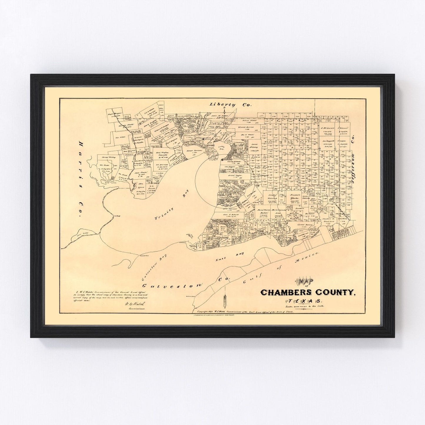 Vintage map of Chambers County, Texas, 1879, Gulf Coast, restored vintage wall art print