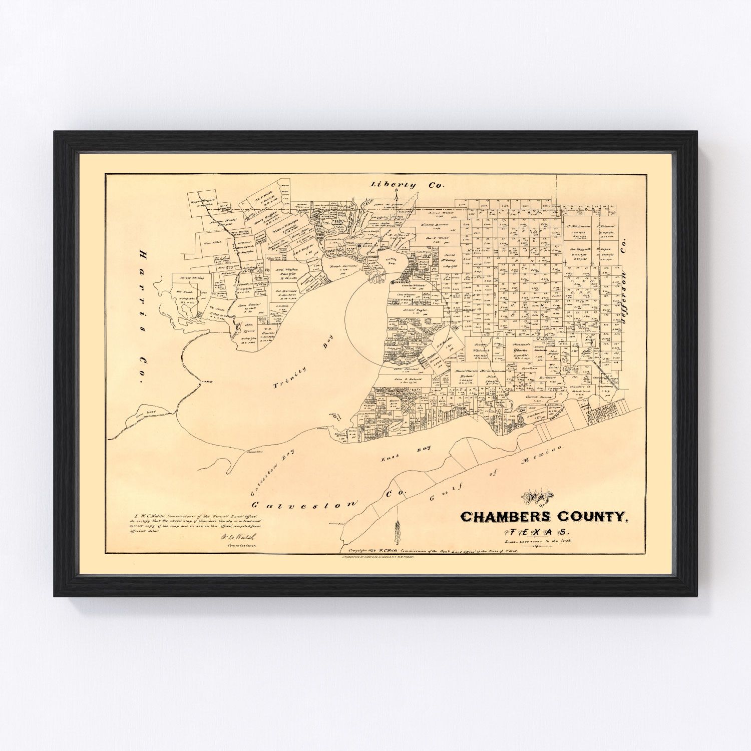 Vintage map of Chambers County, Texas, 1879, Gulf Coast, restored vintage wall art print