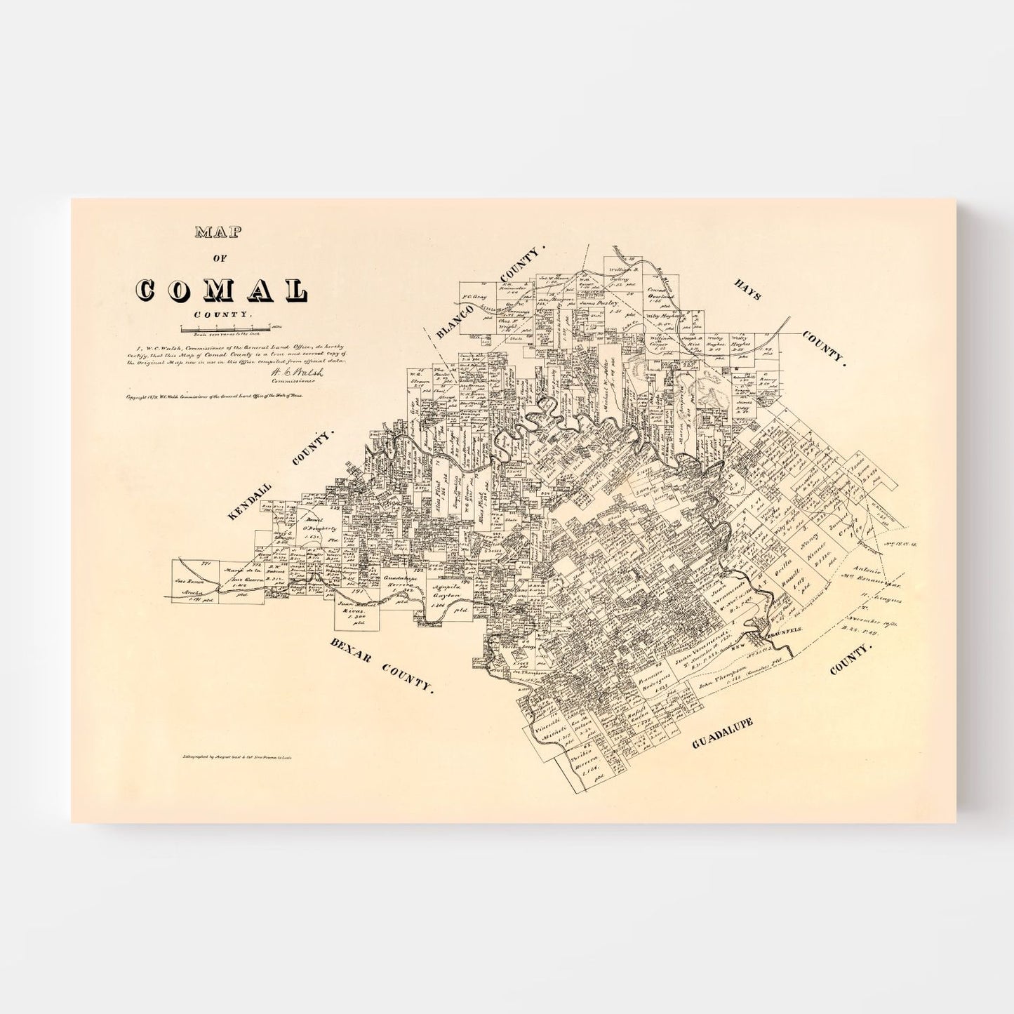 Vintage Map of Comal County, Texas, 1879