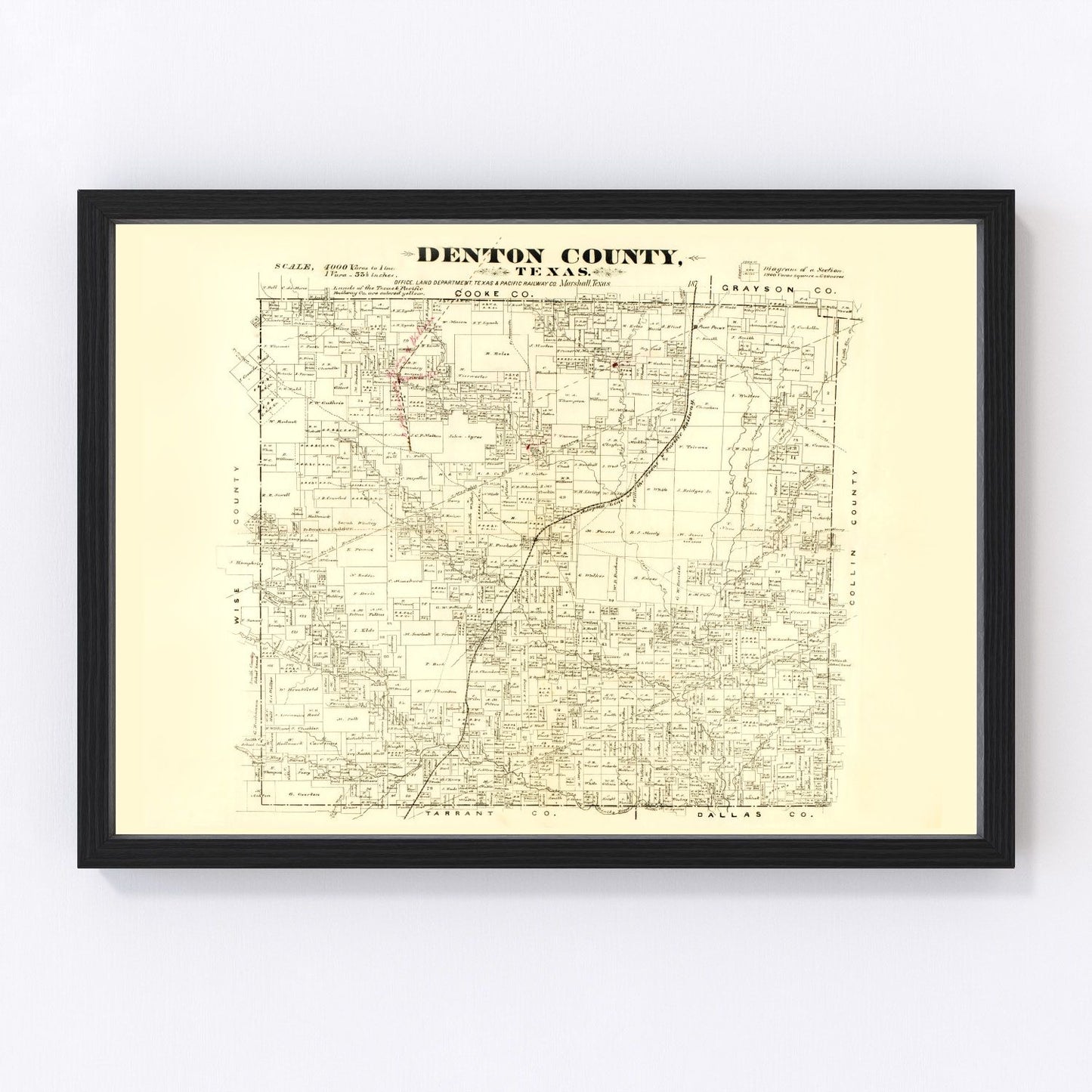 vintage map of Denton County, Texas, 1870