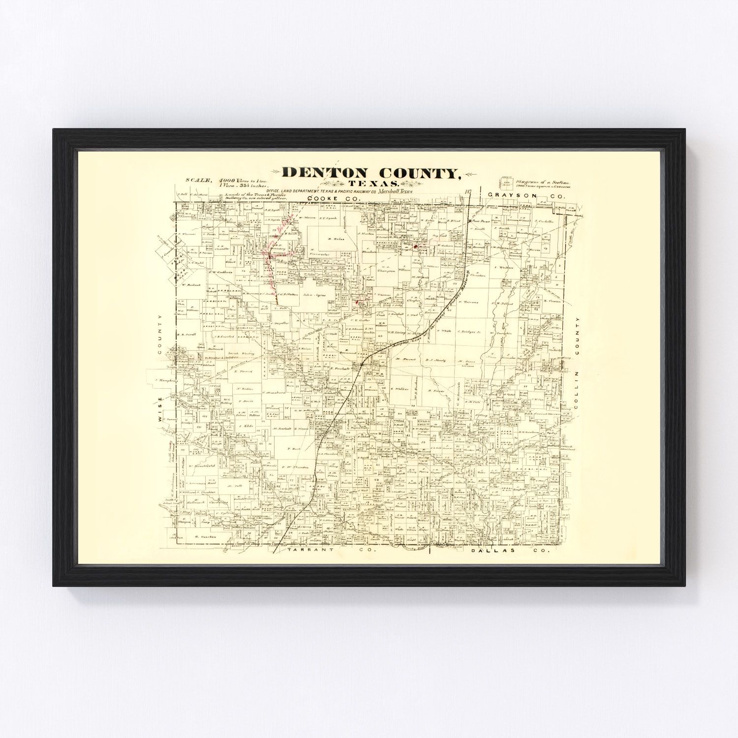 vintage map of Denton County, Texas, 1870