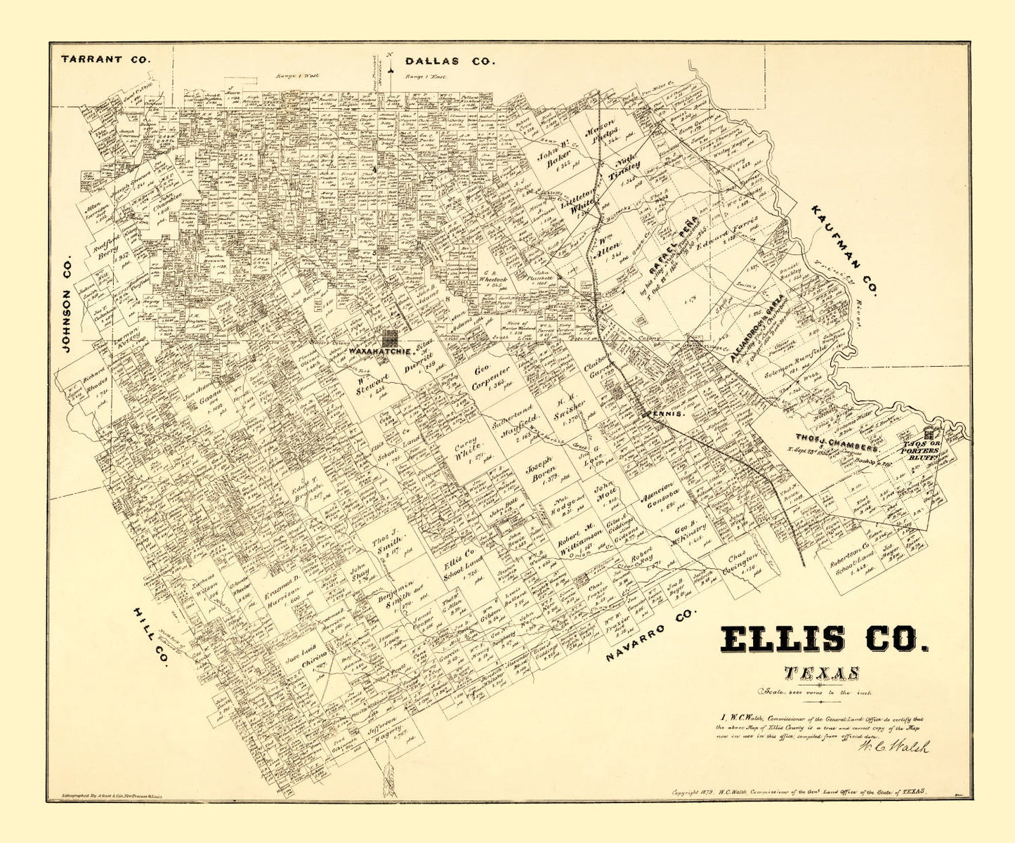 Vintage Map of Ellis County, Texas 1879