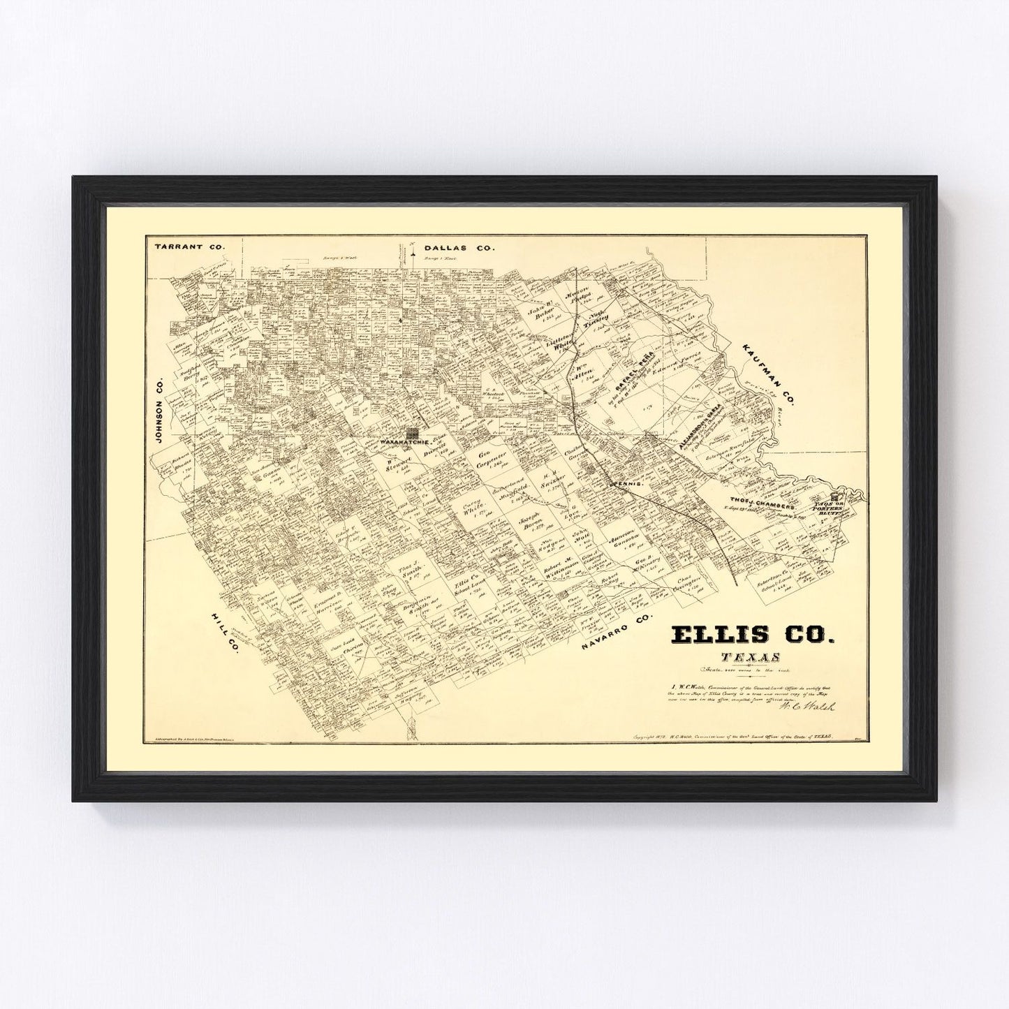 Vintage restored map of Ellis County, Texas, 1879, post-Reconstruction township cartography