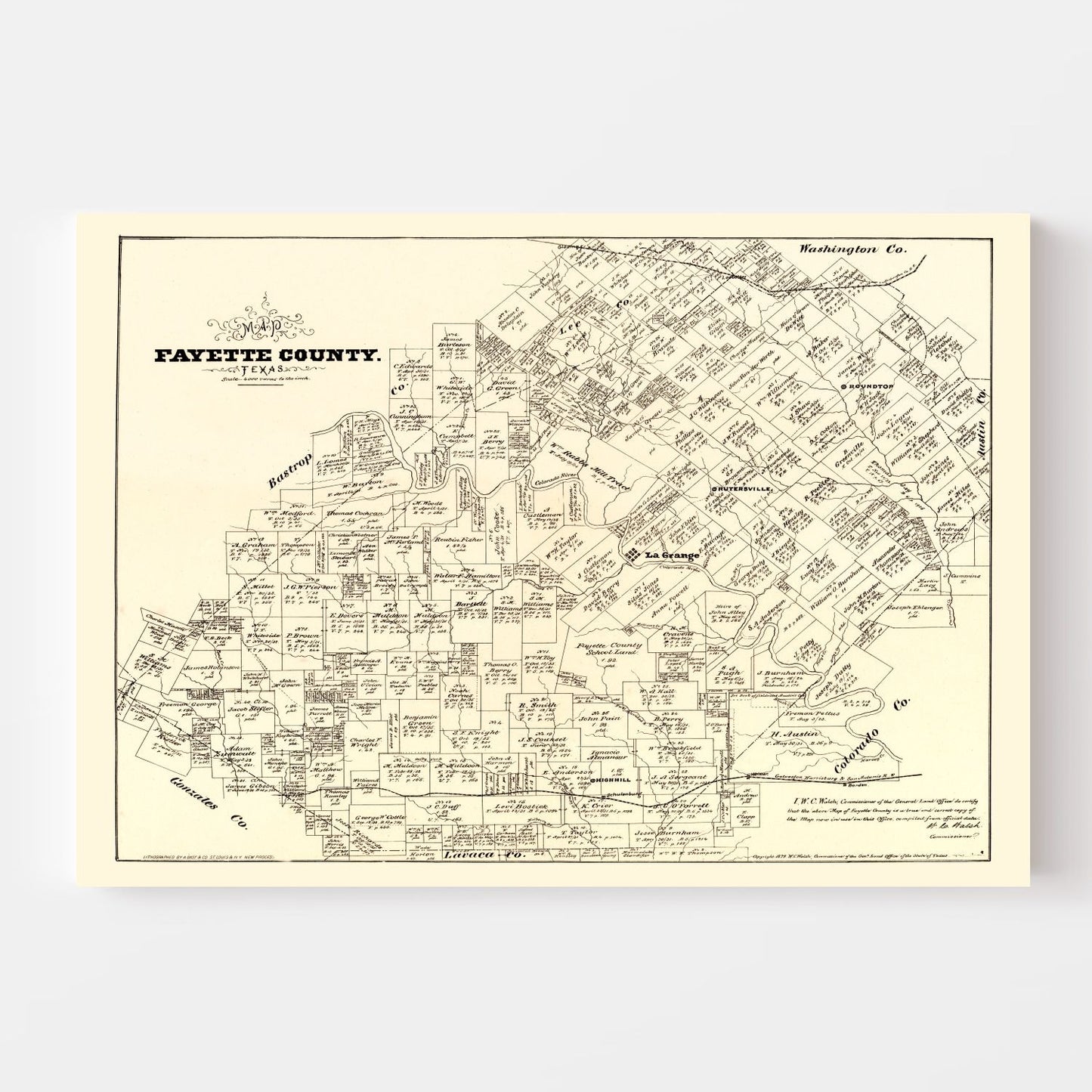 Vintage Map of Fayette County, Texas, 1879