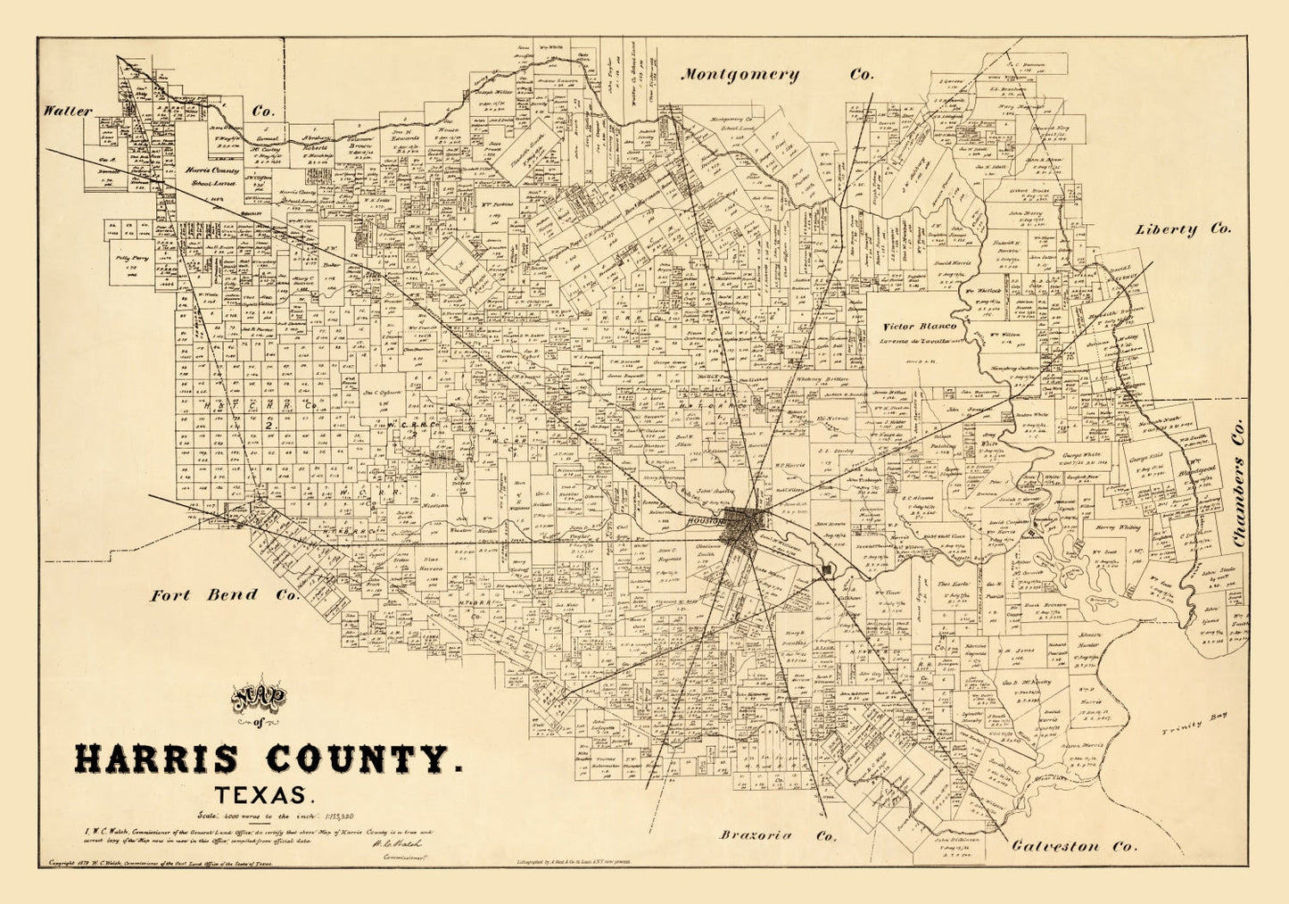 Vintage Map of Harris County, Texas, 1879