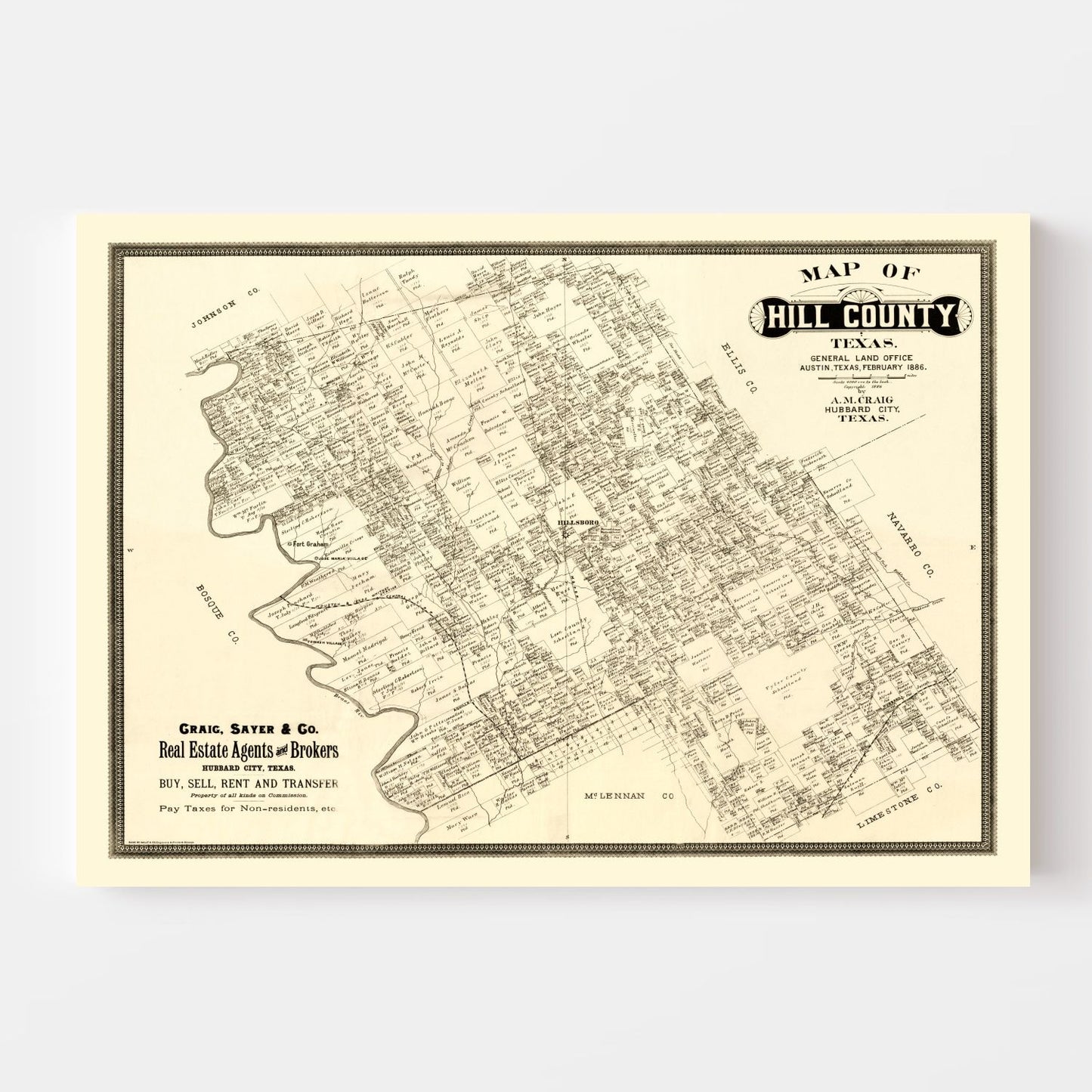 Vintage Map of Hill County, Texas, 1886