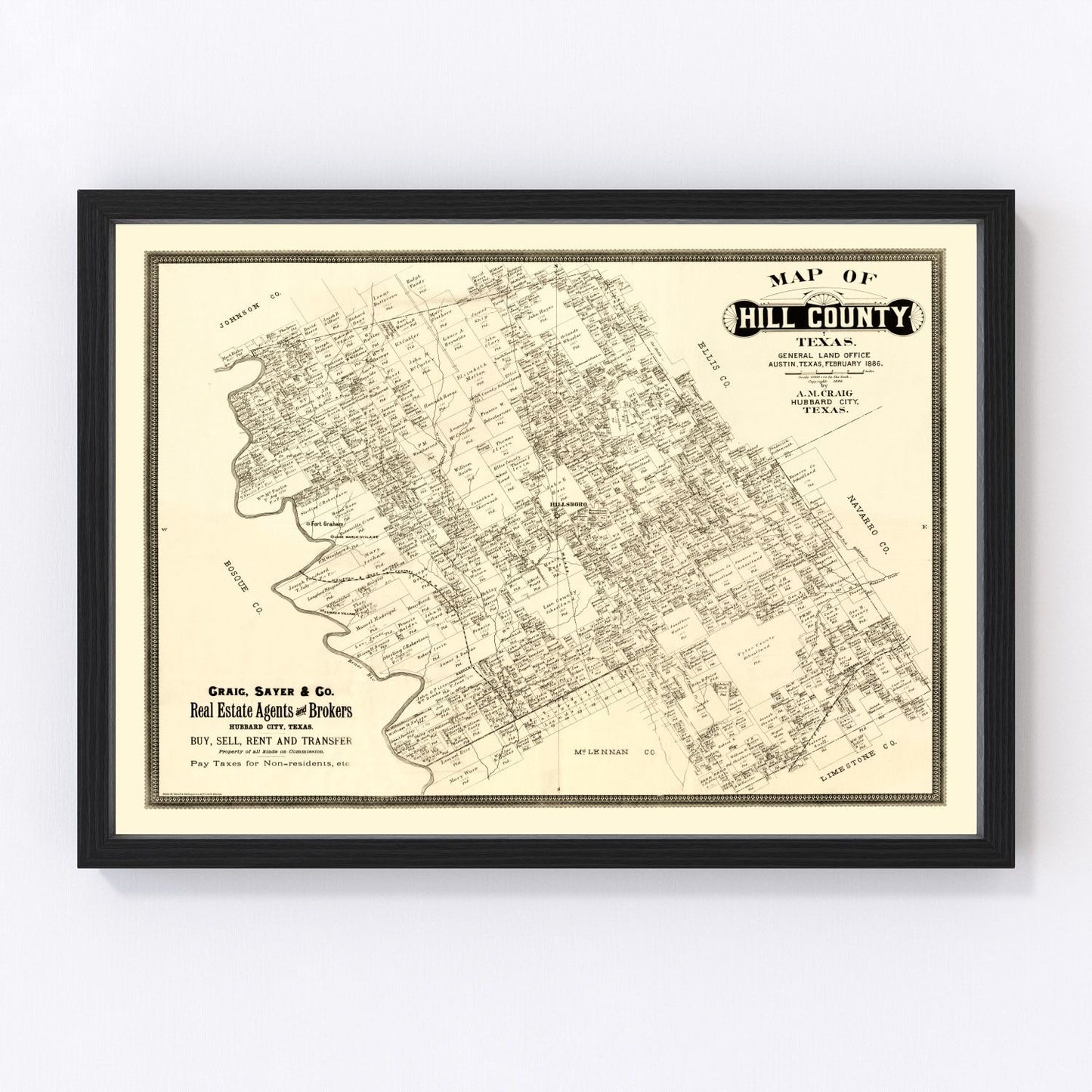 vintage map of Hill County, Texas, 1886