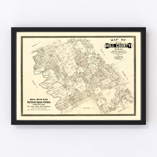 vintage map of Hill County, Texas, 1886