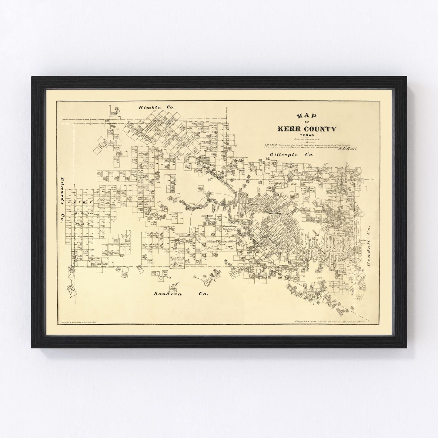 vintage map of Kerr County, Texas, frontier era, 1879
