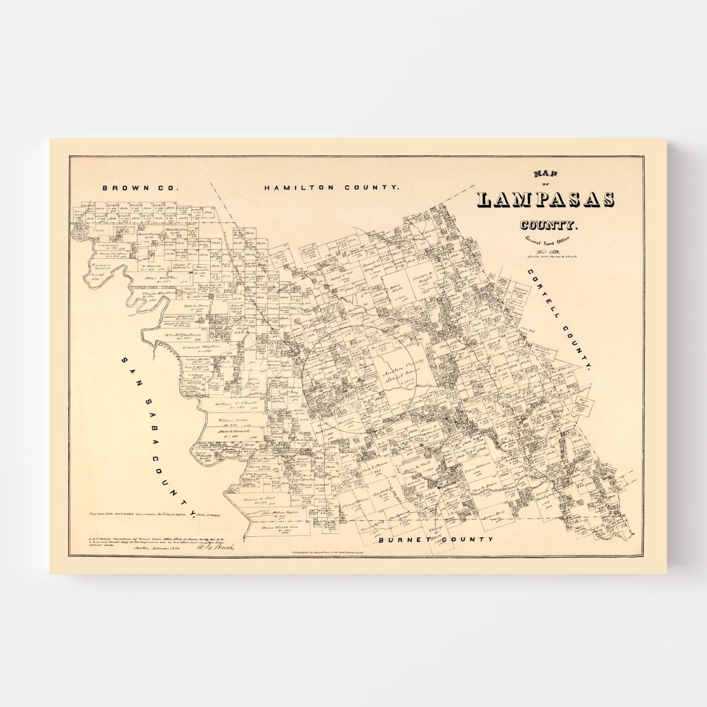 Vintage Map of Lampasas County, Texas, 1879