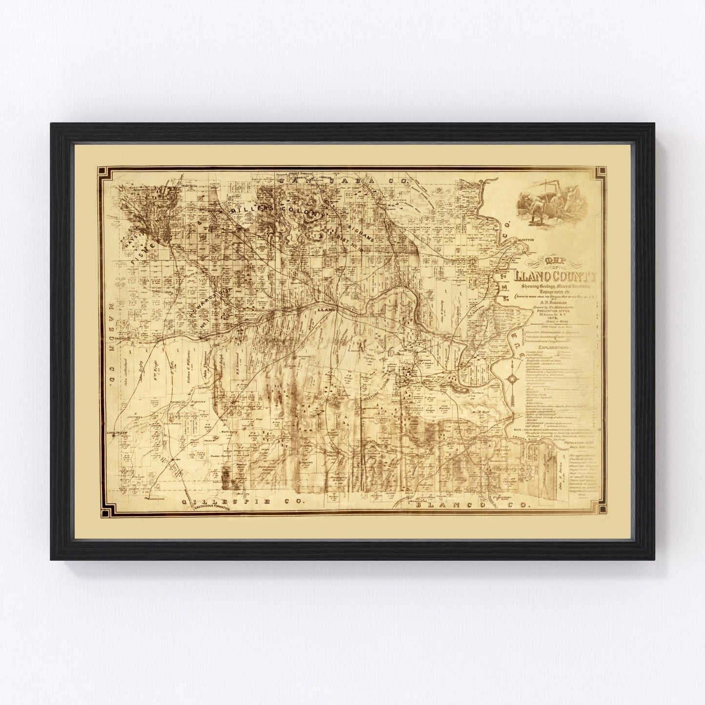 vintage map of Llano County, Texas, 1875