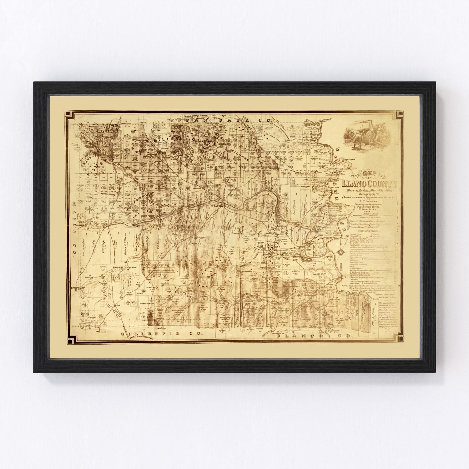 vintage map of Llano County, Texas, 1875