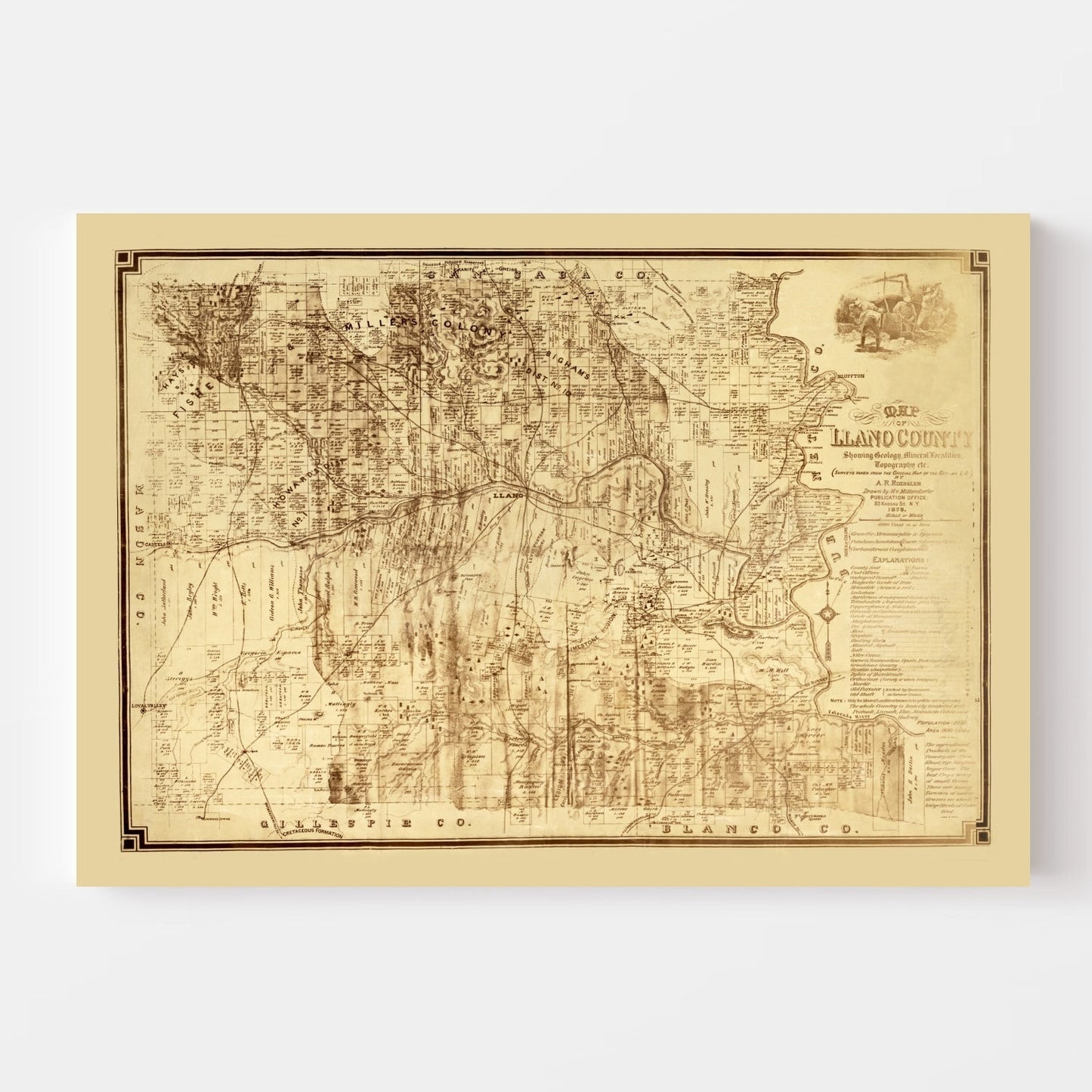 Vintage Map of Llano County, Texas, 1875