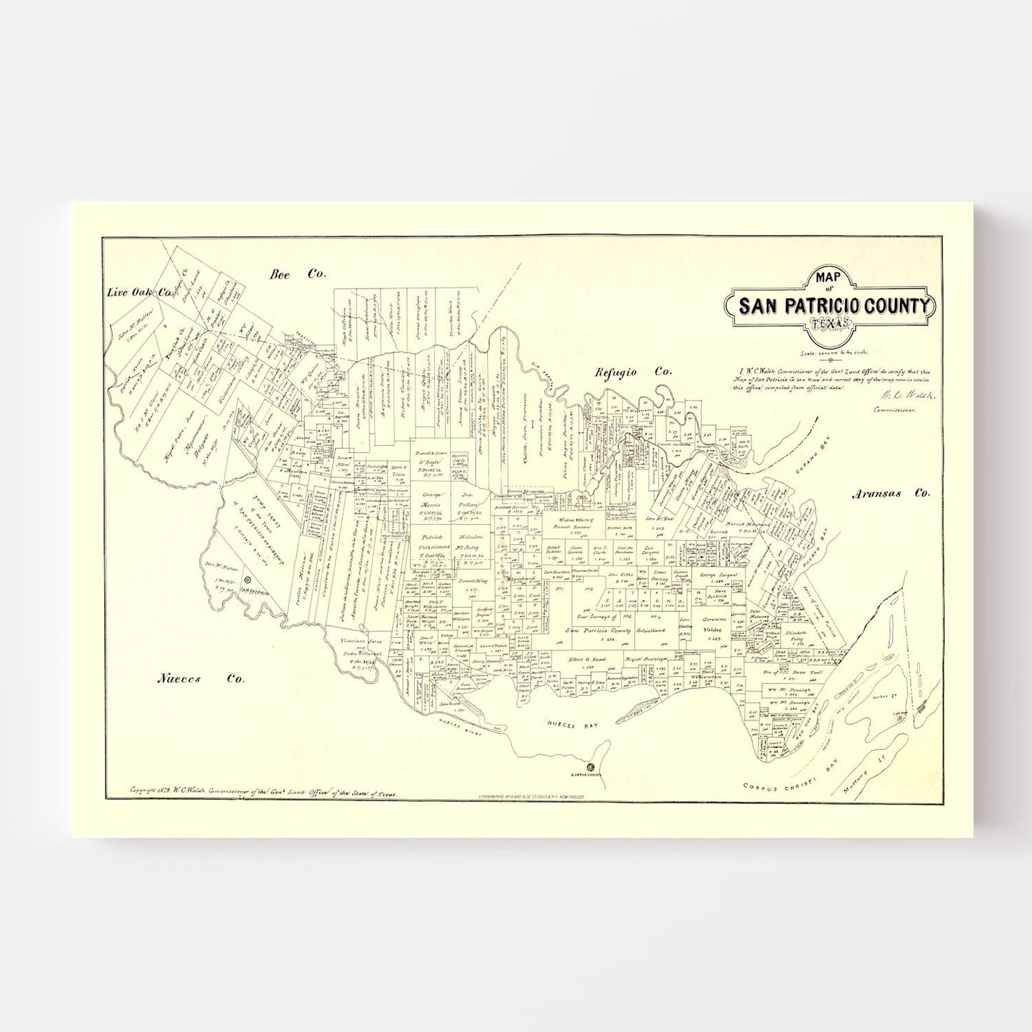 Vintage Map of San Patricio County, Texas, 1879