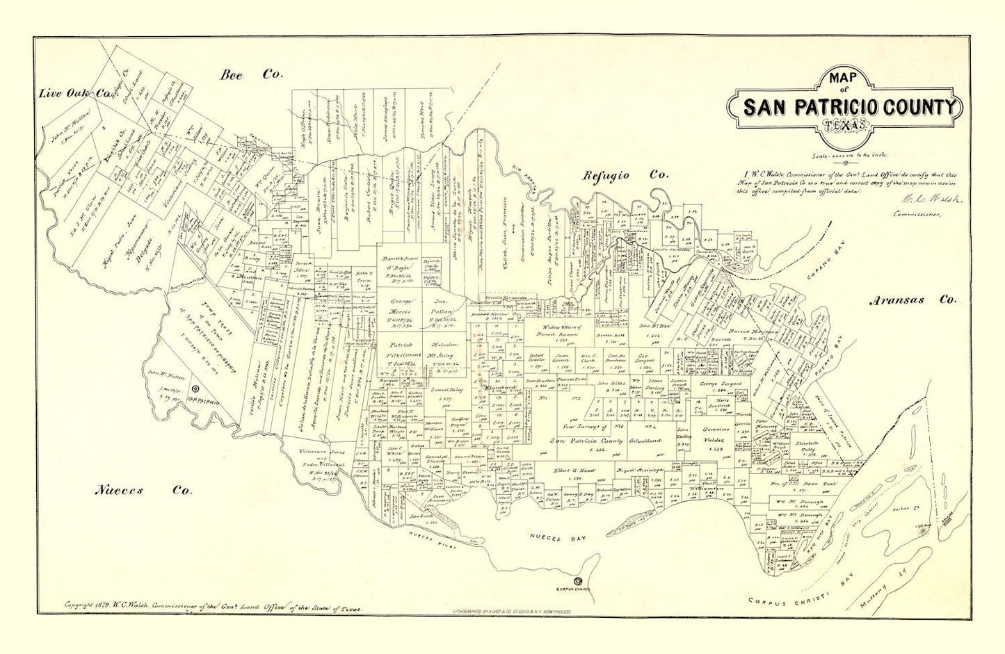 Vintage Map of San Patricio County, Texas, 1879