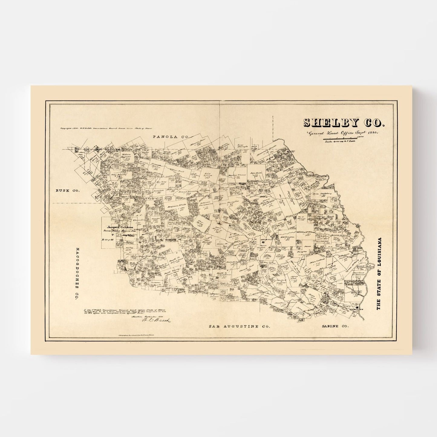 Vintage Map of Shelby County, Texas, 1879