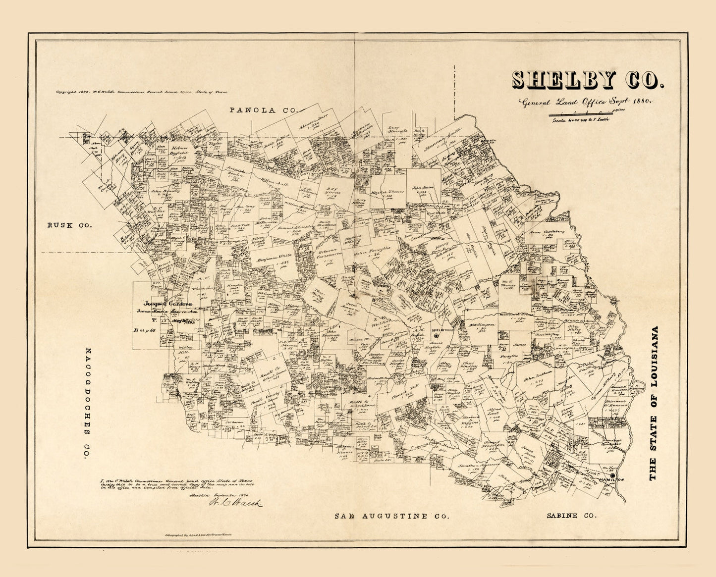 Vintage Map of Shelby County, Texas, 1879