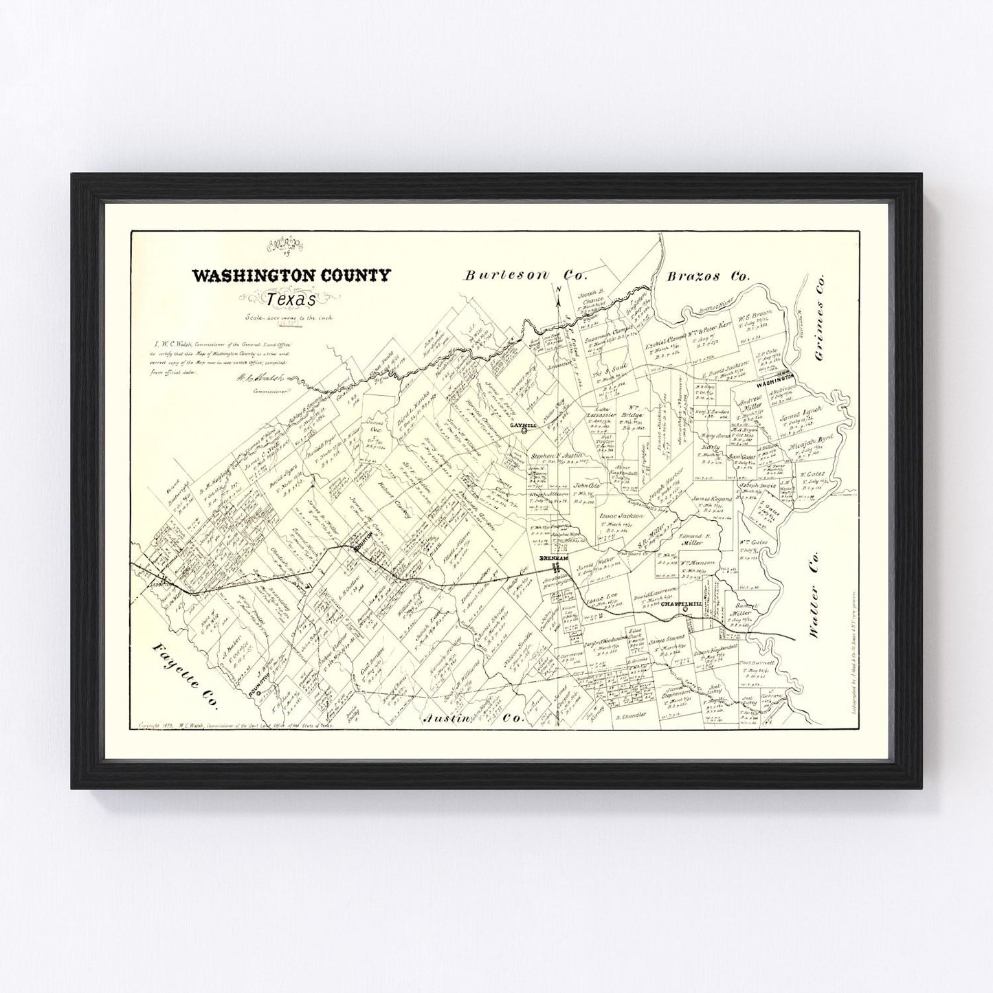 Vintage map of Washington County, Texas, 1879 - Brenham restored cartographic print