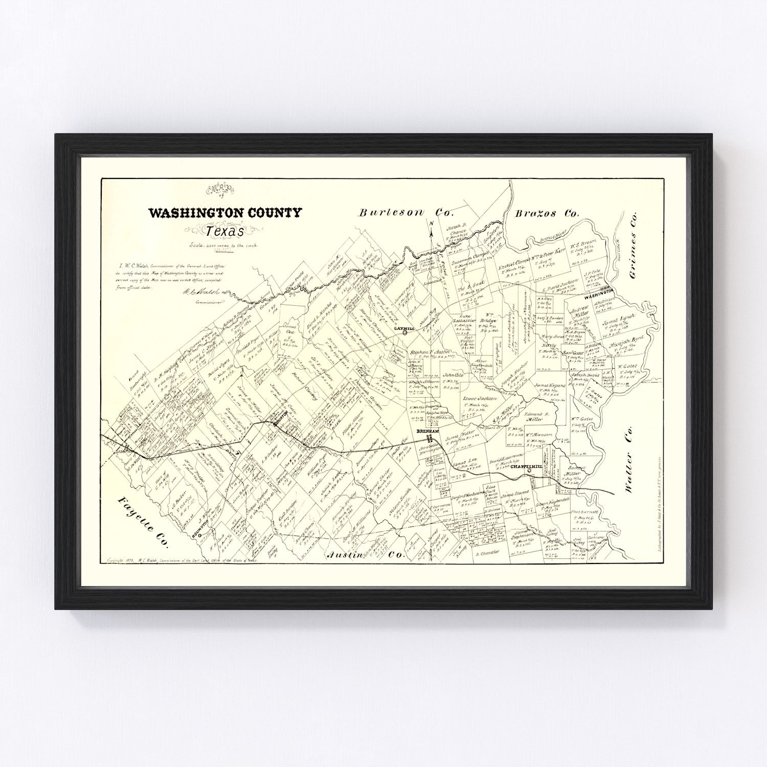 Vintage map of Washington County, Texas, 1879 - Brenham restored cartographic print