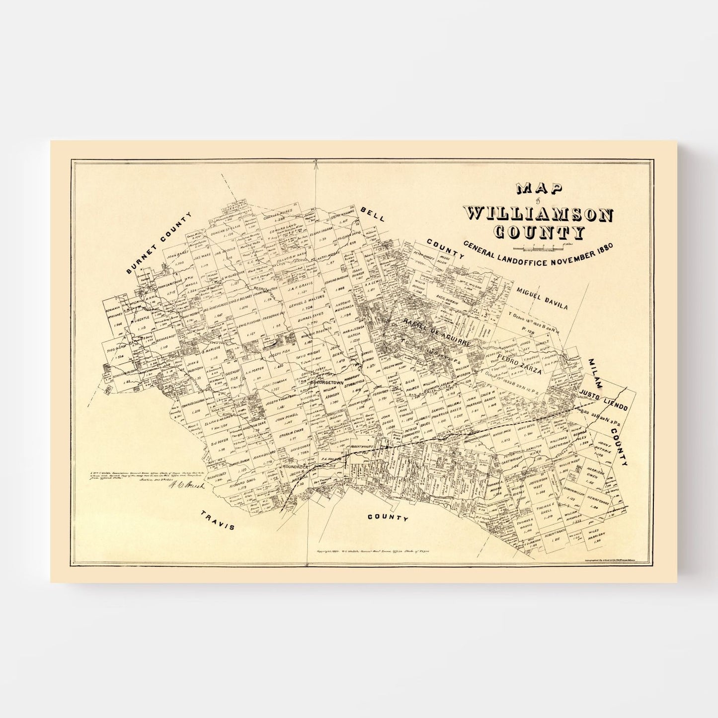 Vintage Map of Williamson County, Texas, 1880