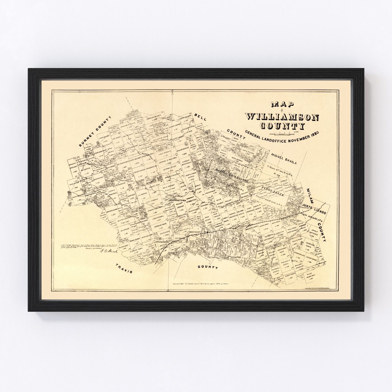 Vintage map of Williamson County, Texas, 1880, frontier era restored