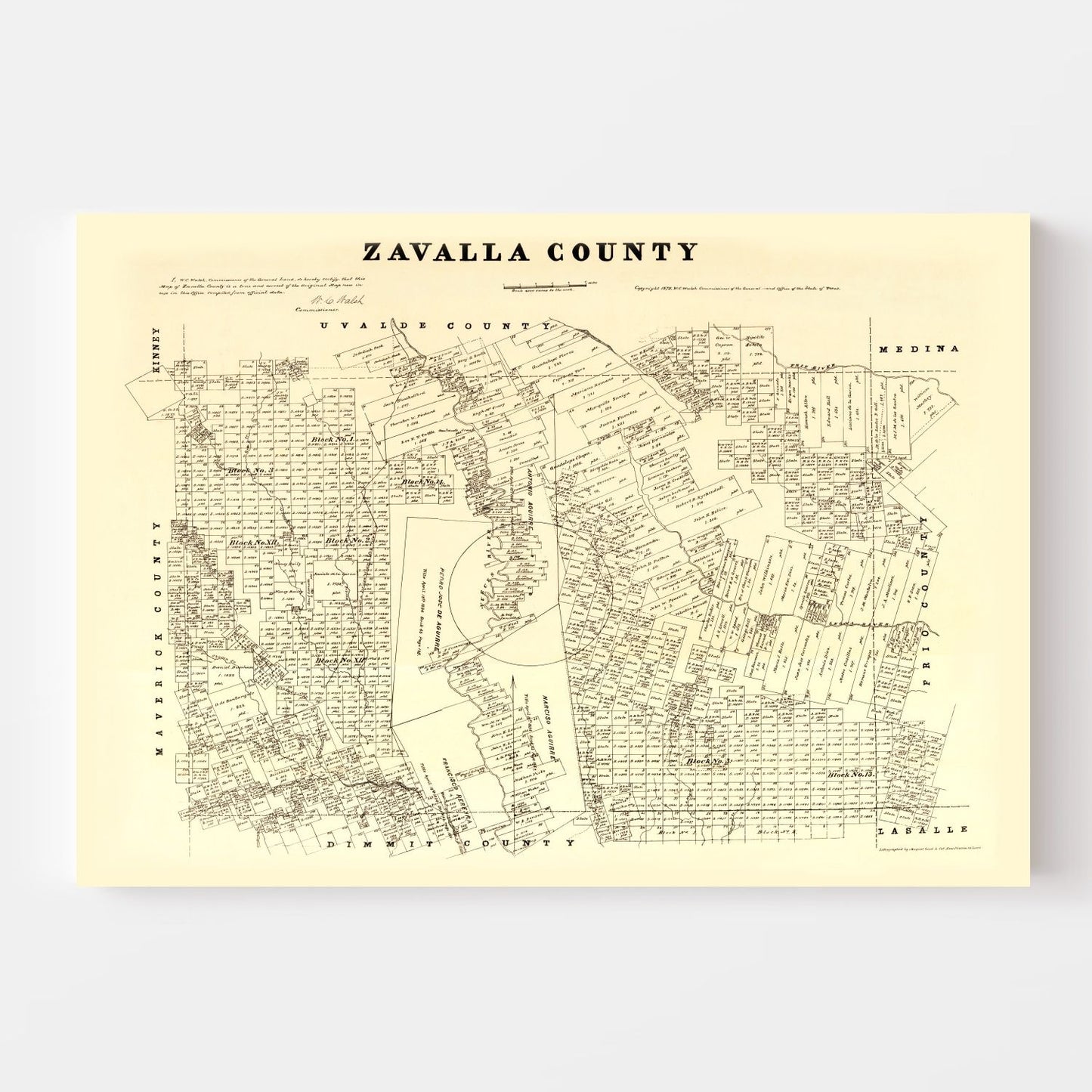 Vintage Map of Zavalla County, Texas, 1879