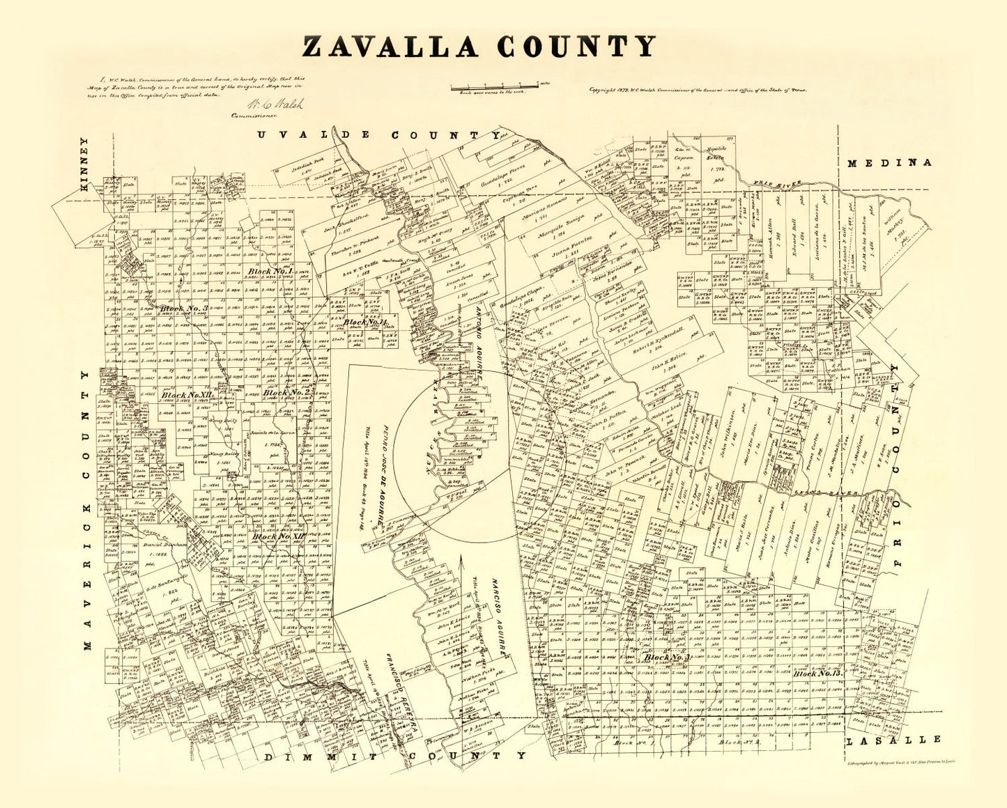 Vintage Map of Zavalla County, Texas, 1879