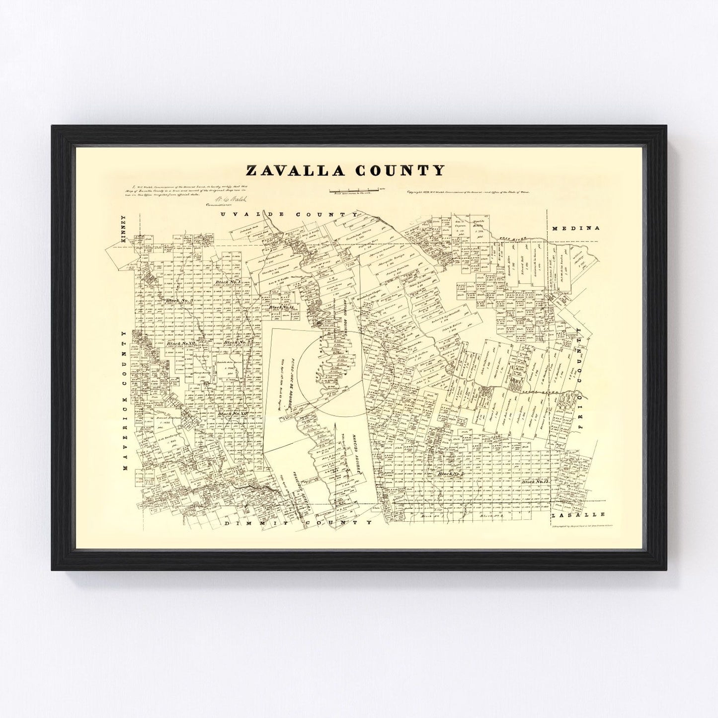 Vintage 1879 map of Zavala County Texas, digitally restored print