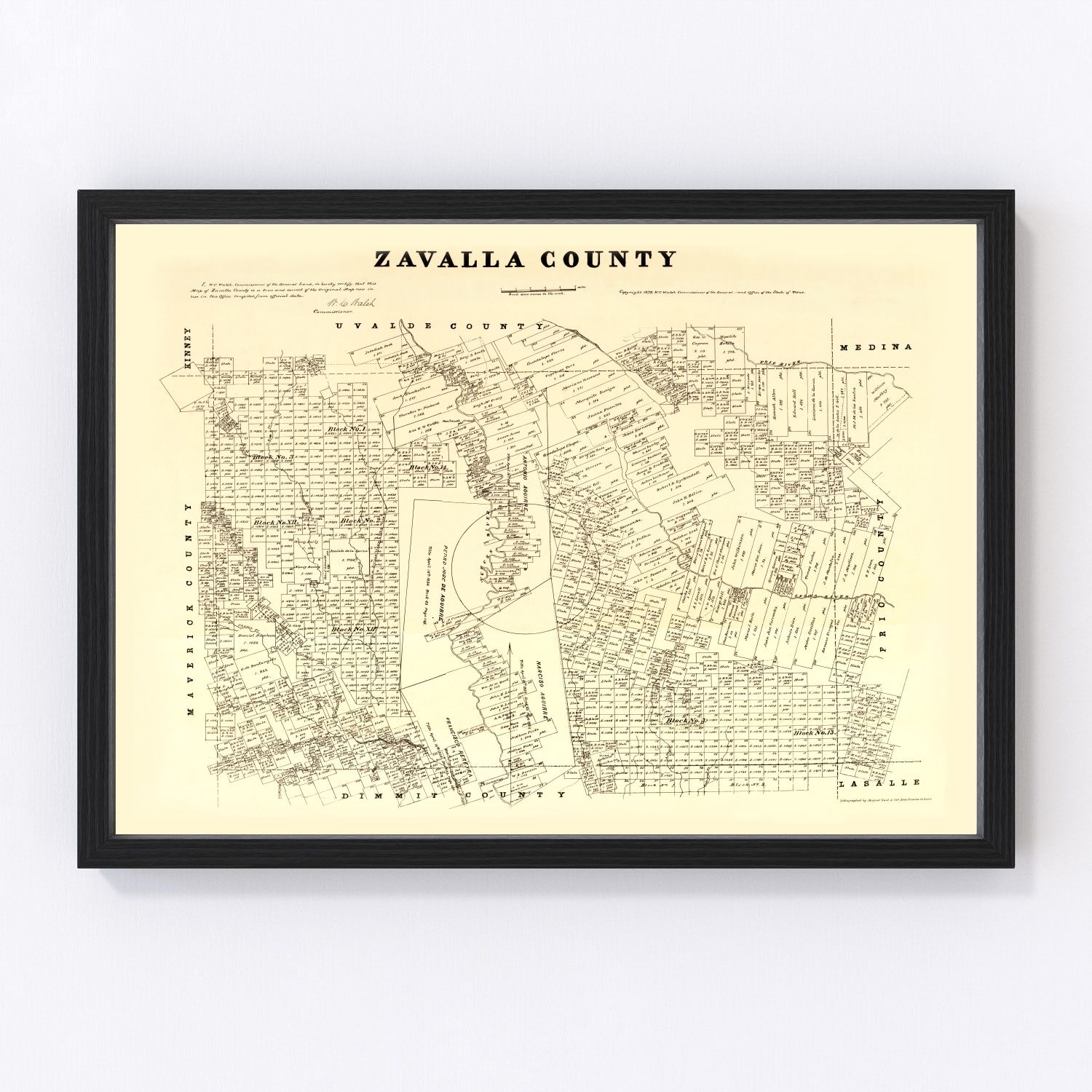 Vintage 1879 map of Zavala County Texas, digitally restored print