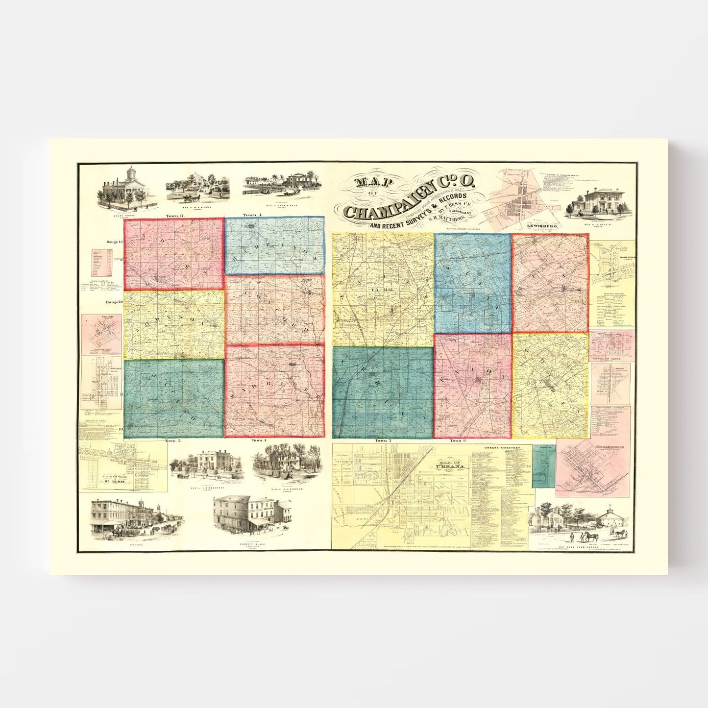 Vintage Map of Champaign County, Ohio, 1858