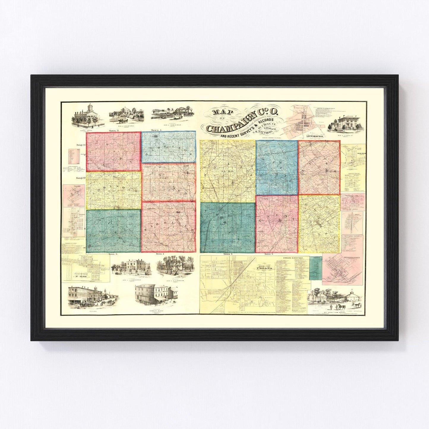 Vintage map of Champaign County, Ohio, 1858, antebellum era county map