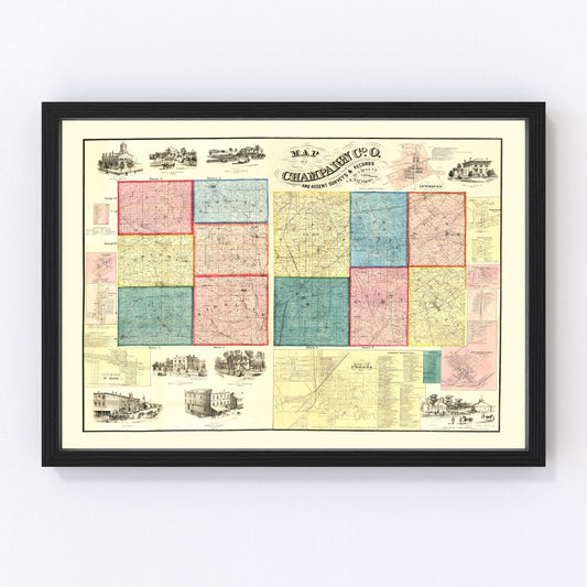 Vintage map of Champaign County, Ohio, 1858, antebellum era county map