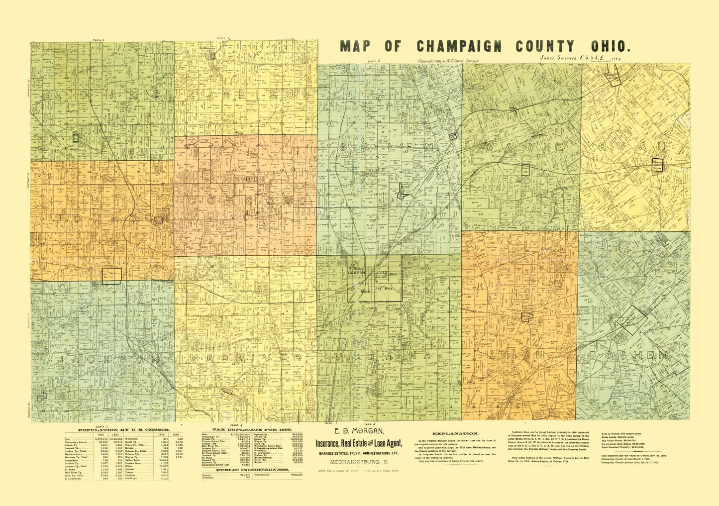 Vintage Map of Champaign County, Ohio, 1894