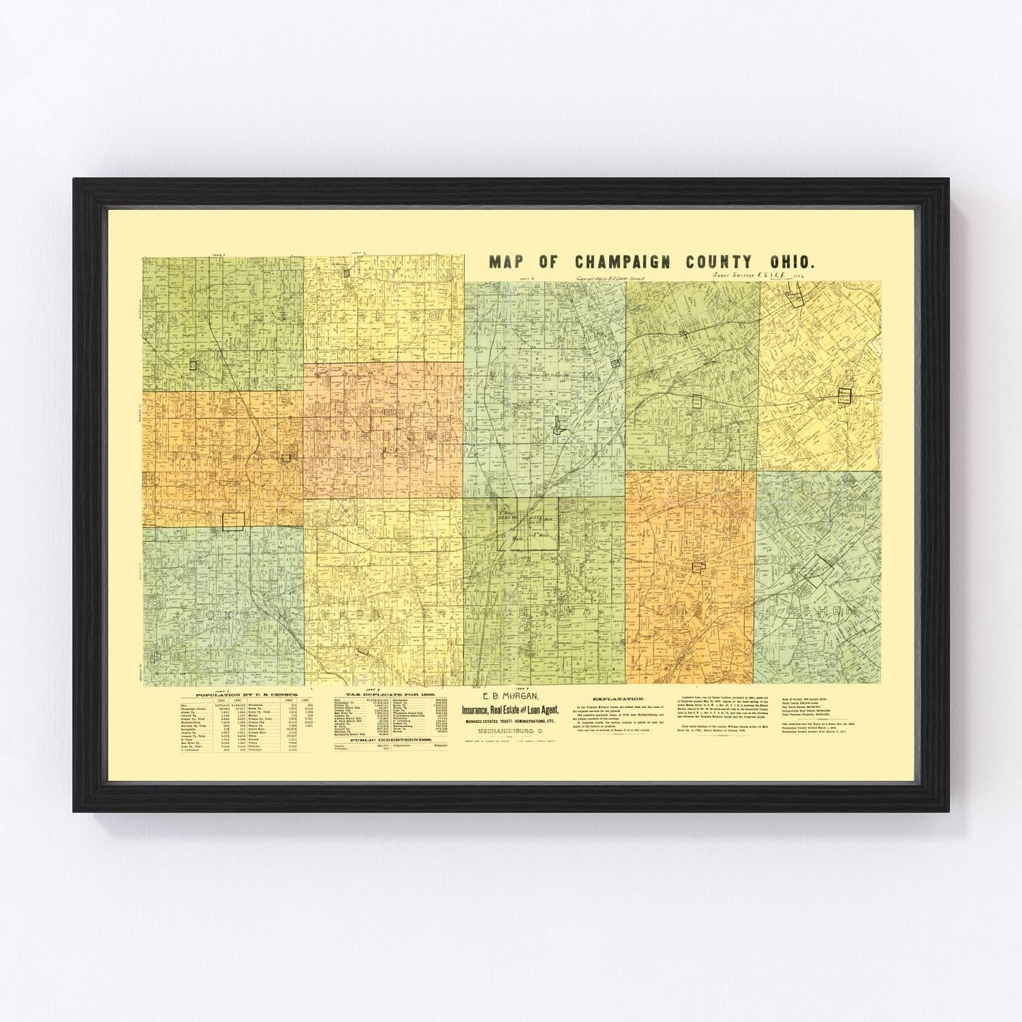 Vintage map of Champaign County, Ohio, 1894, Gilded Age county map