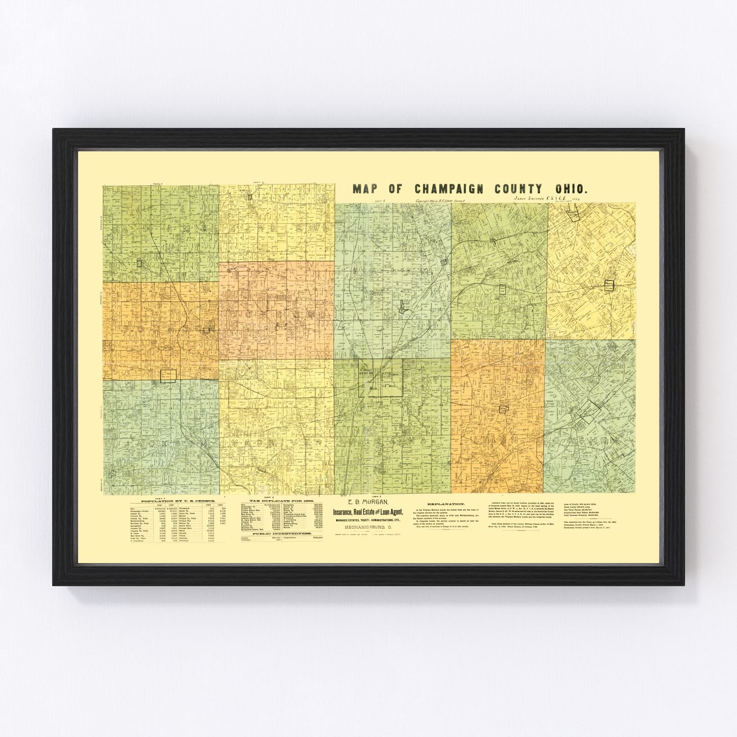 Vintage map of Champaign County, Ohio, 1894, Gilded Age county map