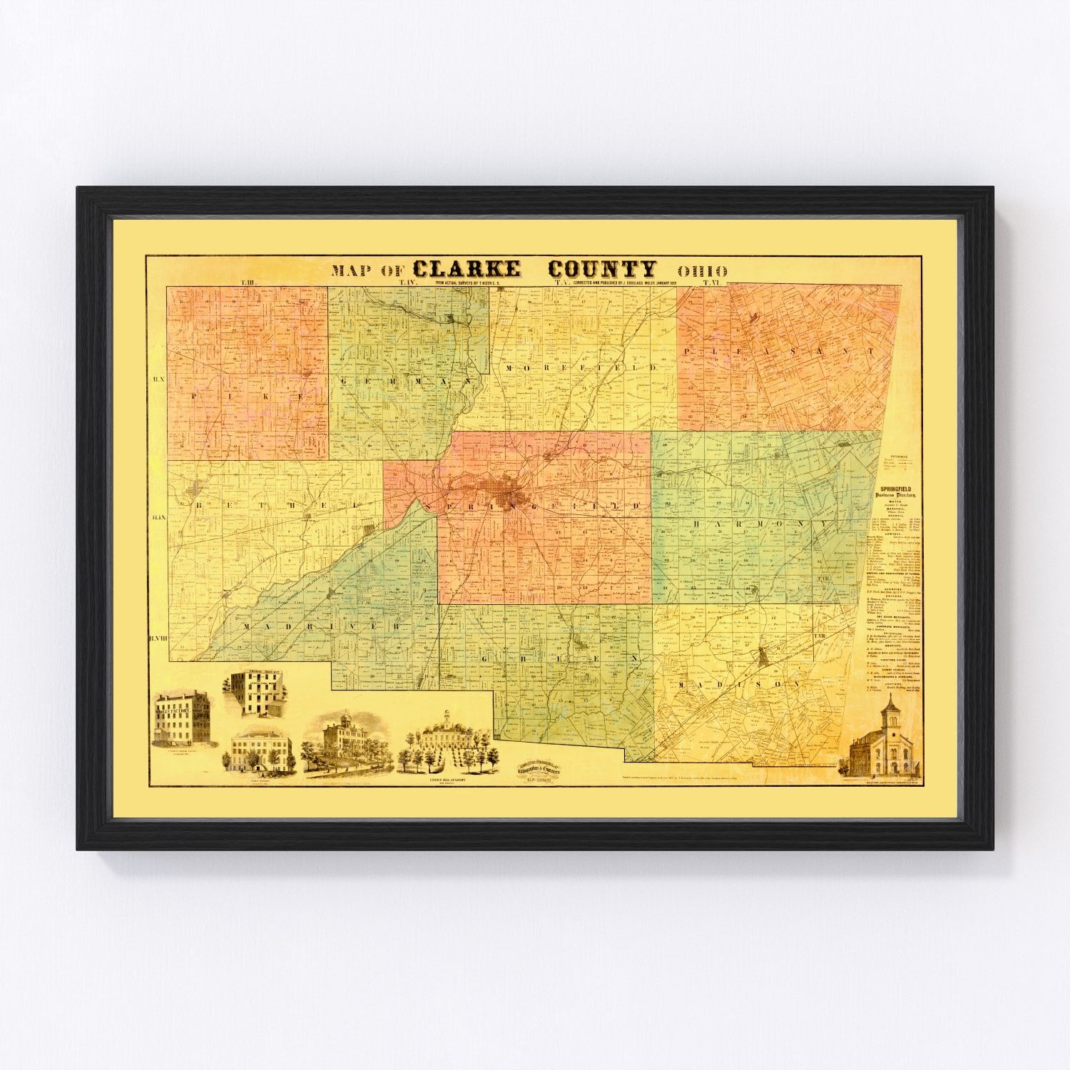 Vintage map of Clarke County, Ohio, 1859