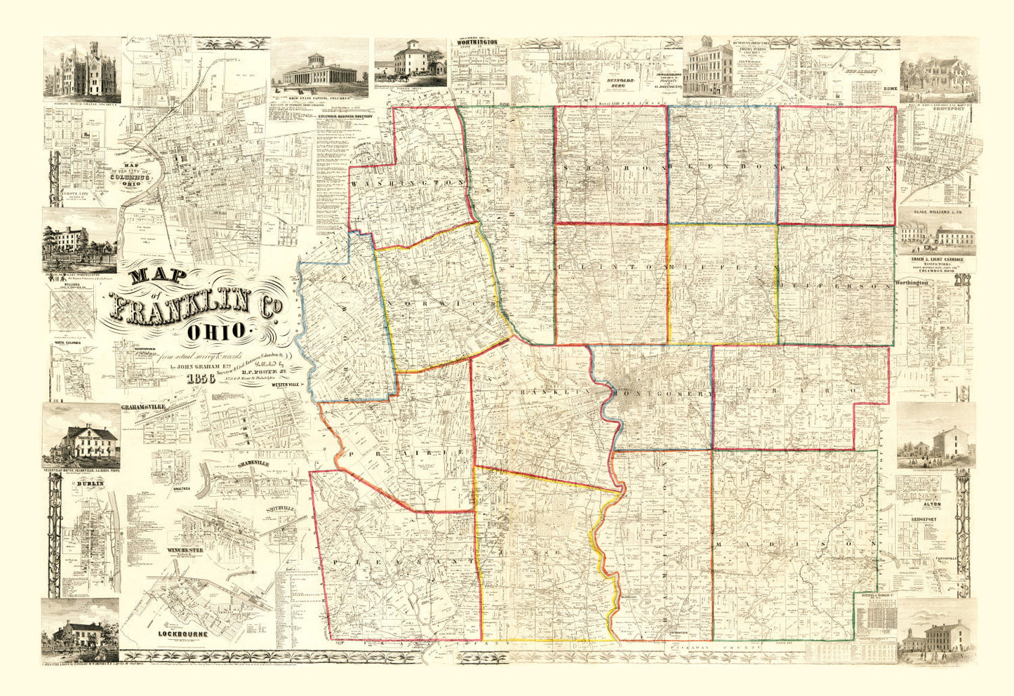 Vintage Map of Franklin County, Ohio, 1856