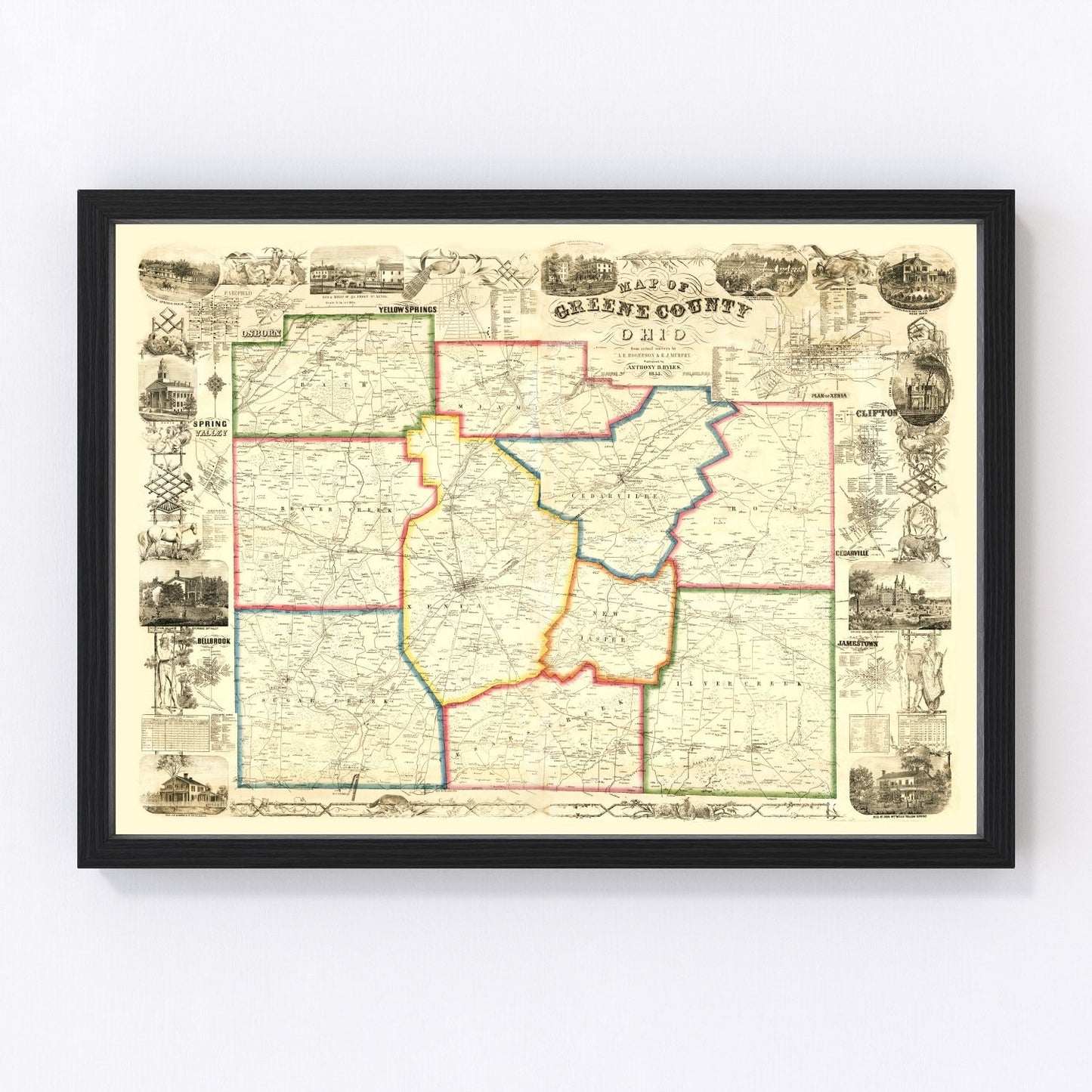 Vintage map of Greene County, Ohio, 1855
