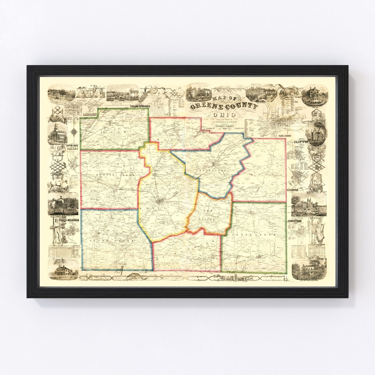 Vintage map of Greene County, Ohio, 1855