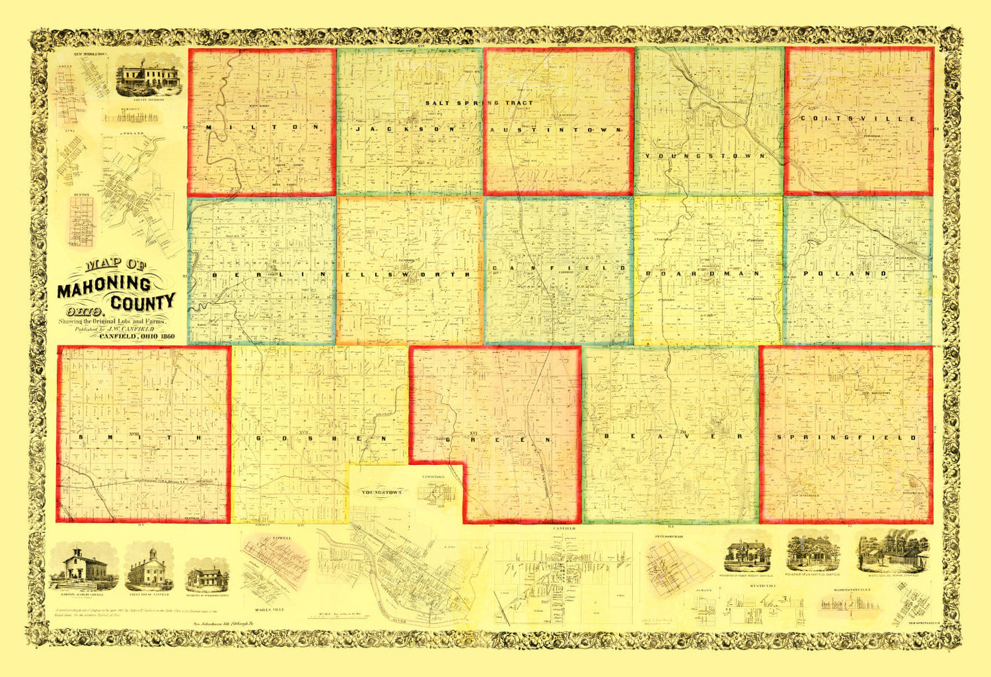 Vintage Map of Mahoning County, Ohio, 1860