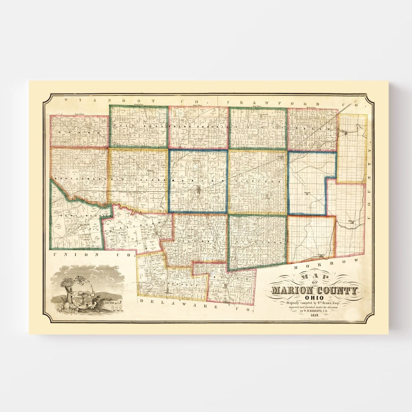 Vintage Map of Marion County, Ohio, 1852