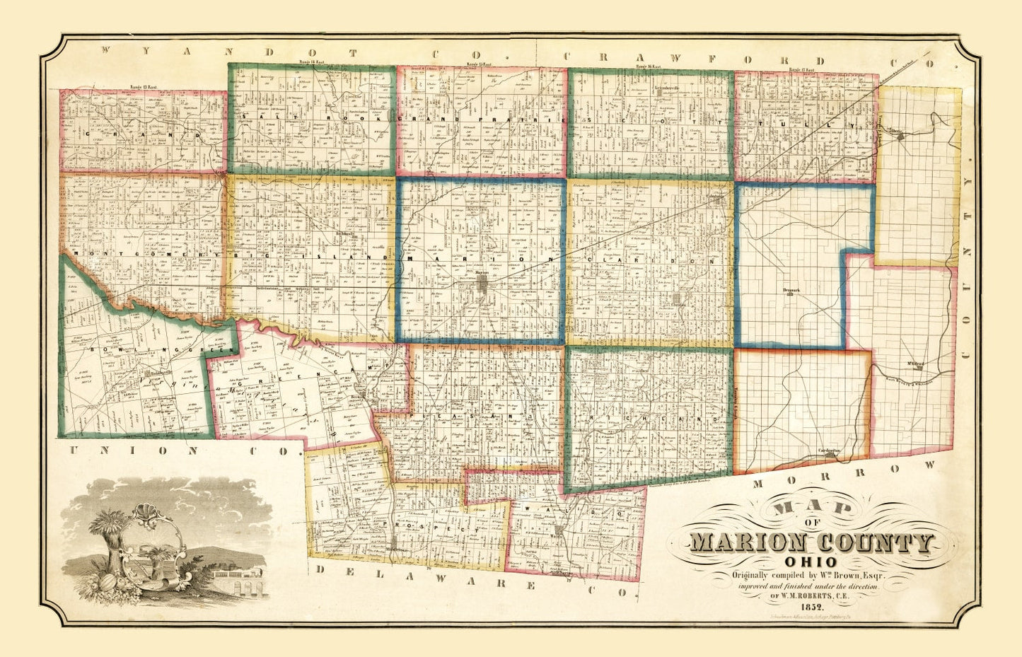 Vintage Map of Marion County, Ohio, 1852