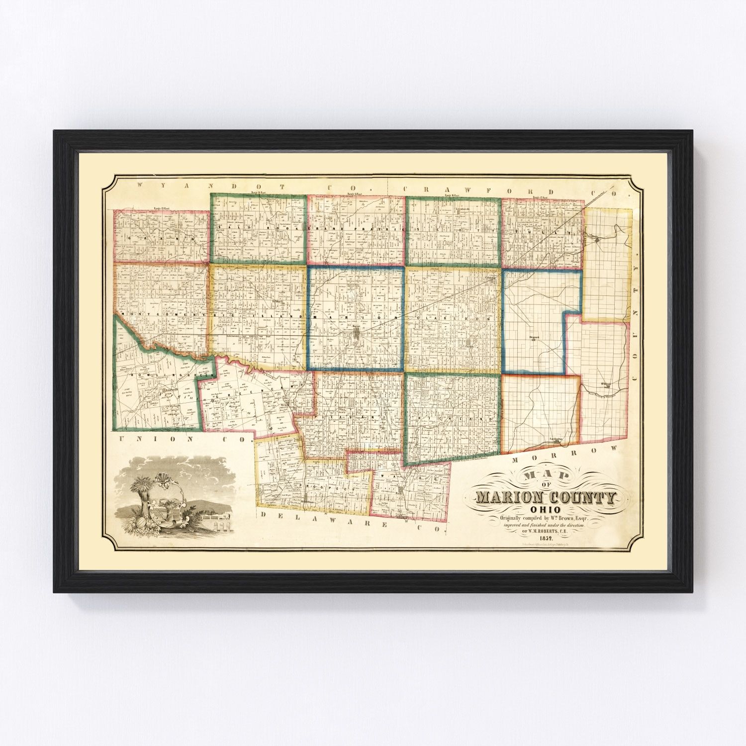 vintage map of Marion County, Ohio, Marion and Prospect, 1852