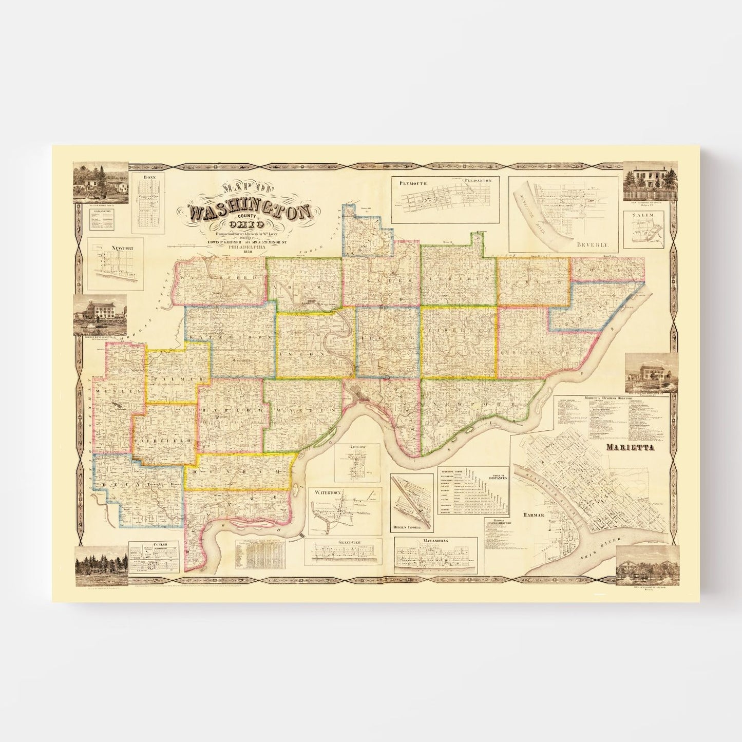 Vintage Map of Washington County, Ohio 1858