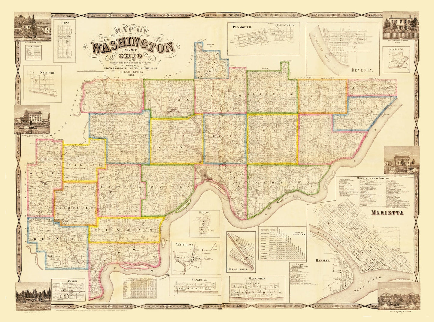 Vintage Map of Washington County, Ohio 1858