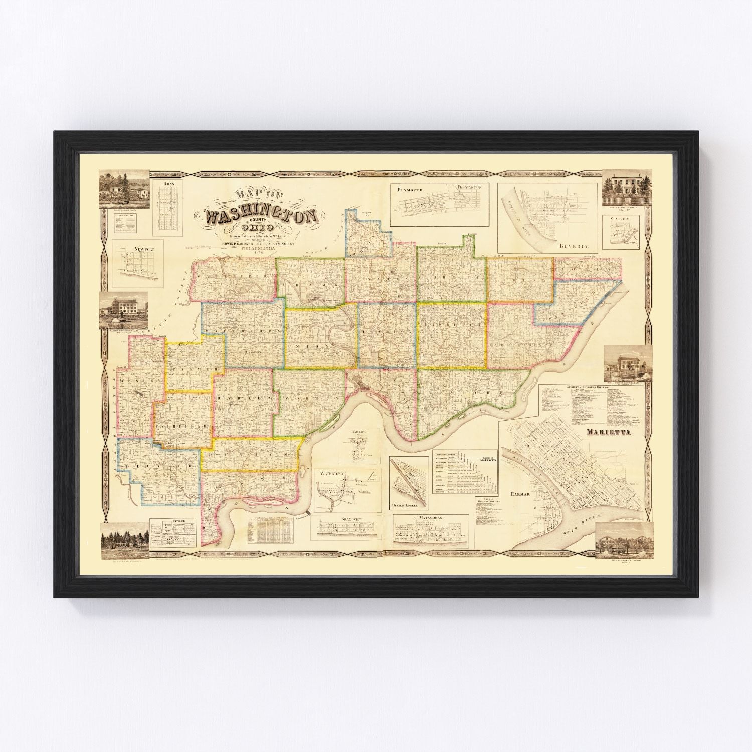 Vintage map of Washington County, Ohio, 1858 - Marietta Ohio River restored print